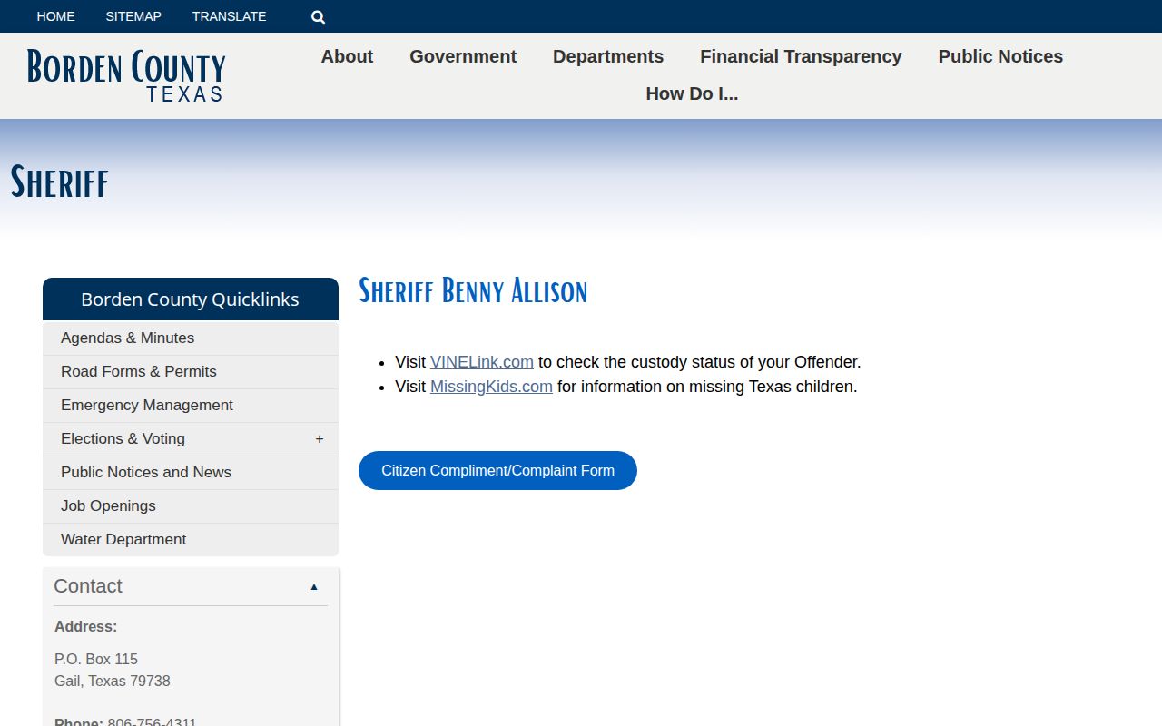 Borden County Sheriff booking-record source page