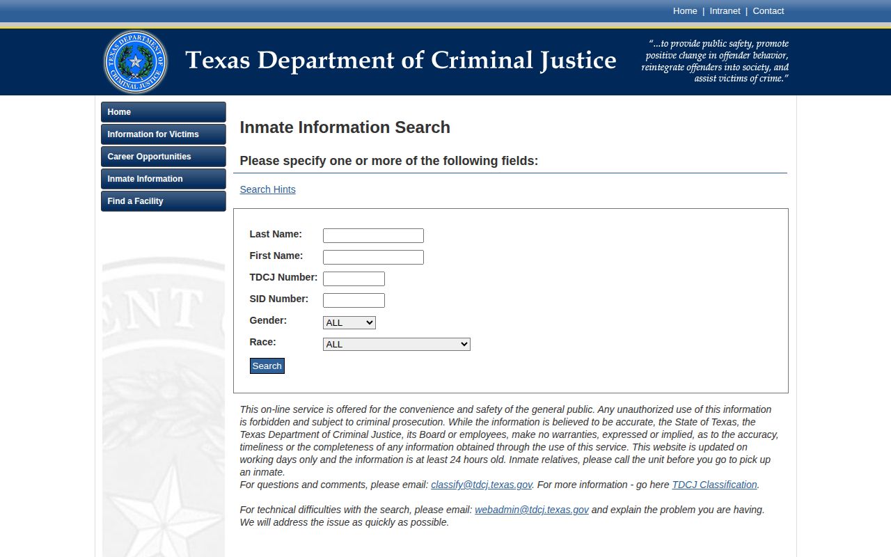 Texas Department of Criminal Justice Borden County offender-record search interface